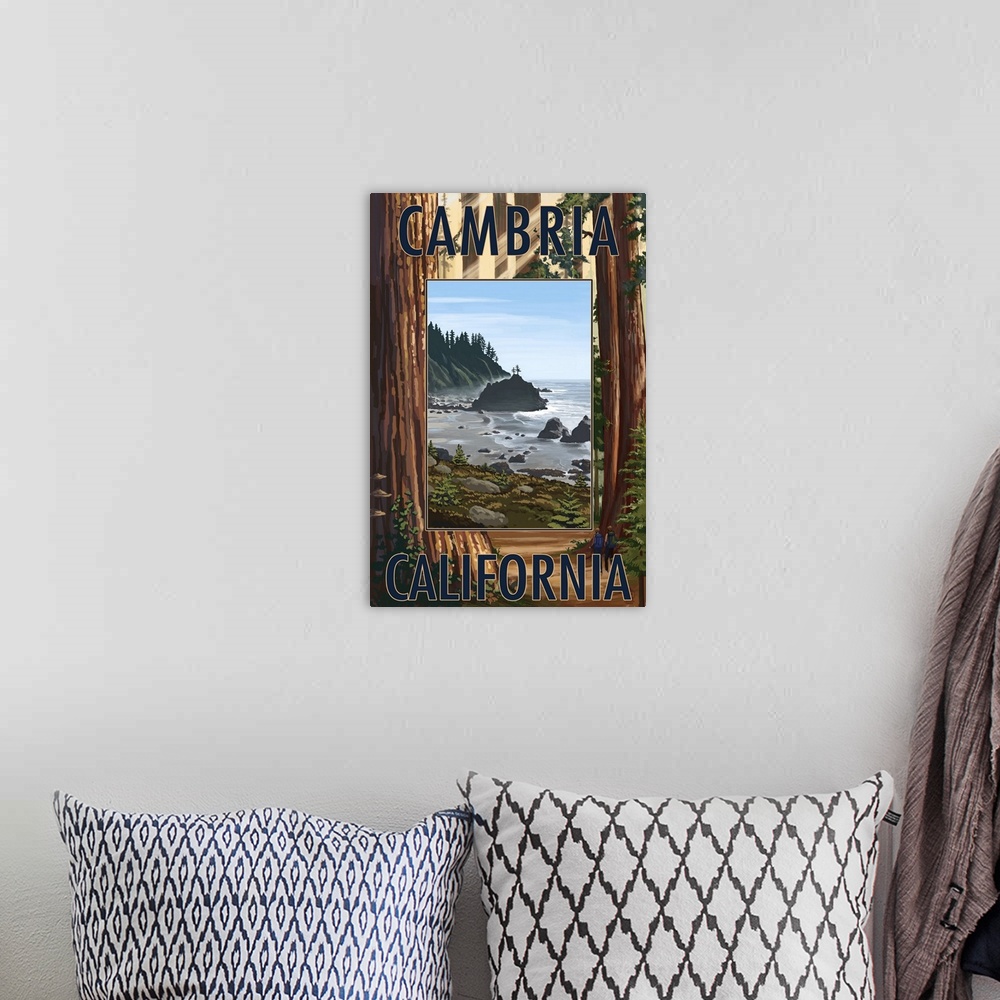 A bohemian room featuring Cambria, California - Redwoods and Coast Scene: Retro Travel Poster