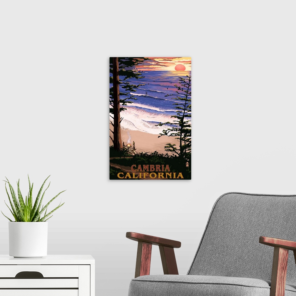 A modern room featuring Cambria, California - Sunset and Surfers : Retro Travel Poster