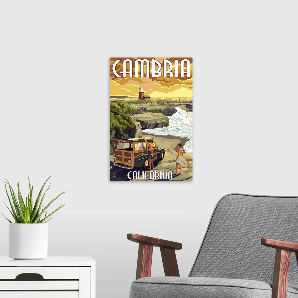 A modern room featuring Cambria, California - Woody and Lighthouse: Retro Travel Poster