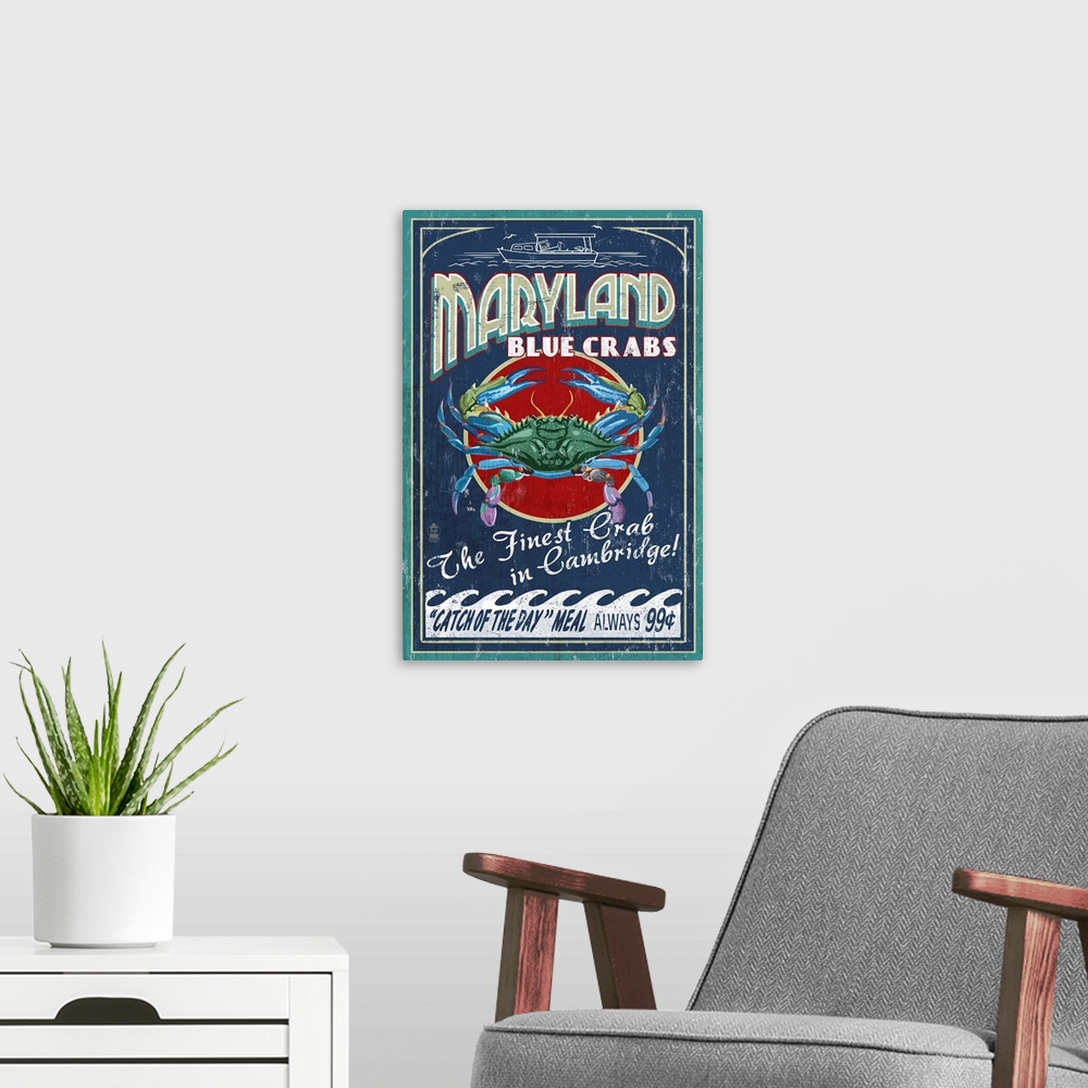 A modern room featuring Retro stylized art poster of a vintage seafood market sign displaying a blue crab.