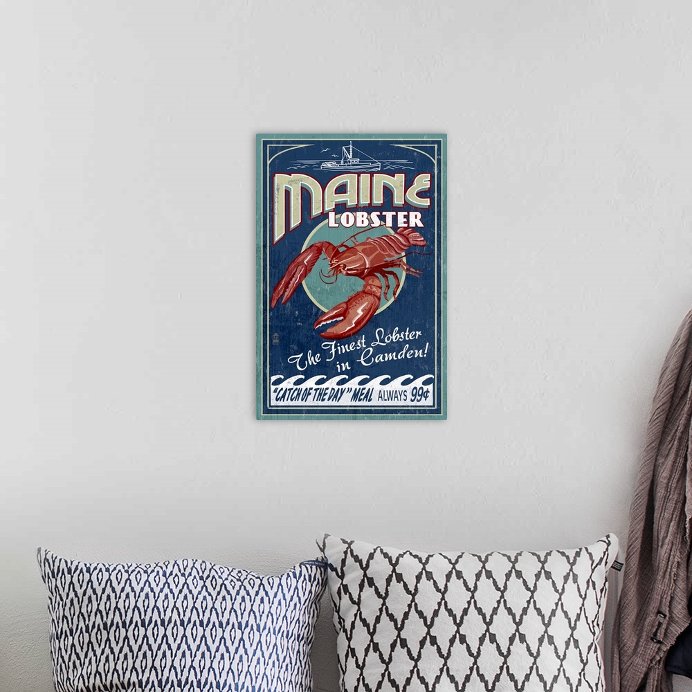 A bohemian room featuring Retro stylized art poster of a vintage seafood market sign displaying a lobster.