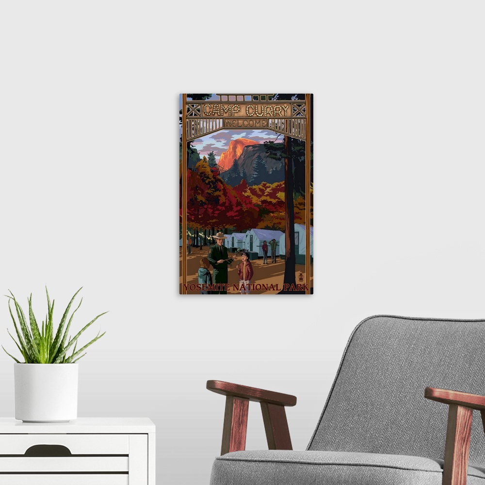 A modern room featuring Camp Curry - Yosemite National Park, California: Retro Travel Poster