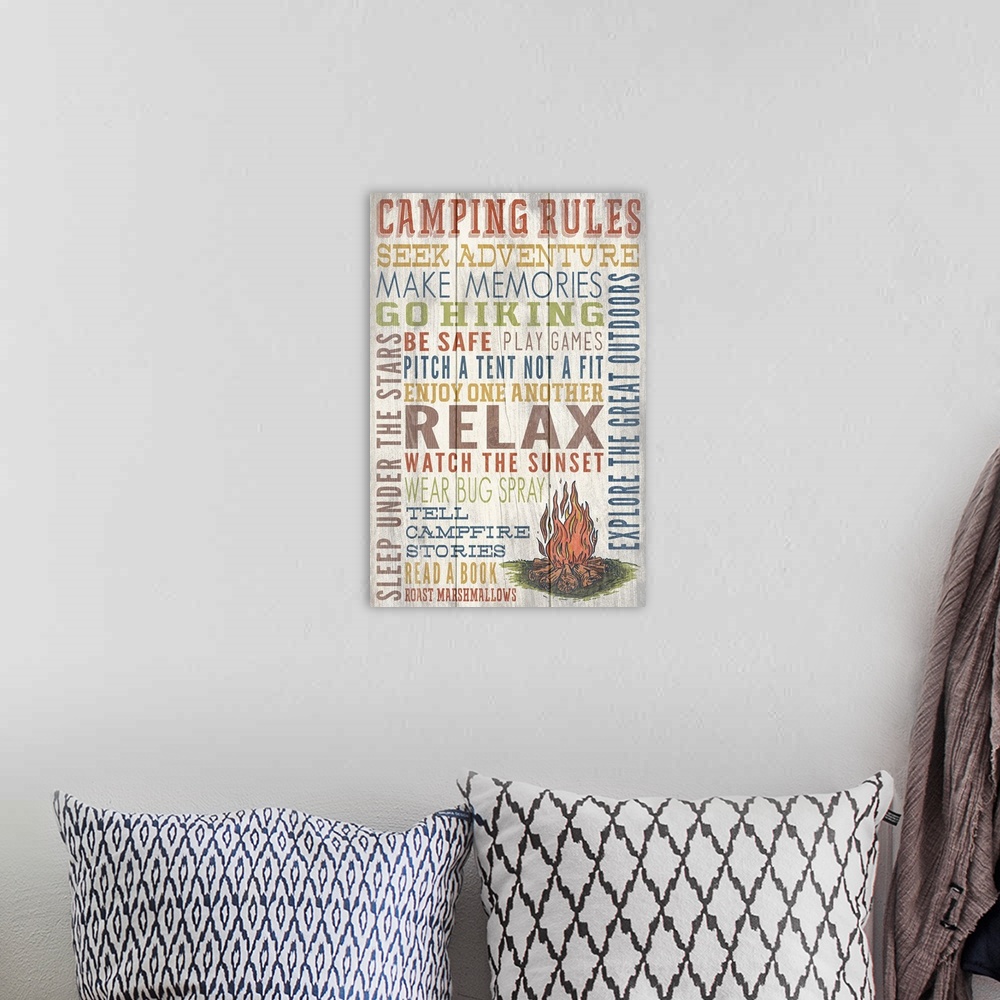A bohemian room featuring Camping Rules Typography