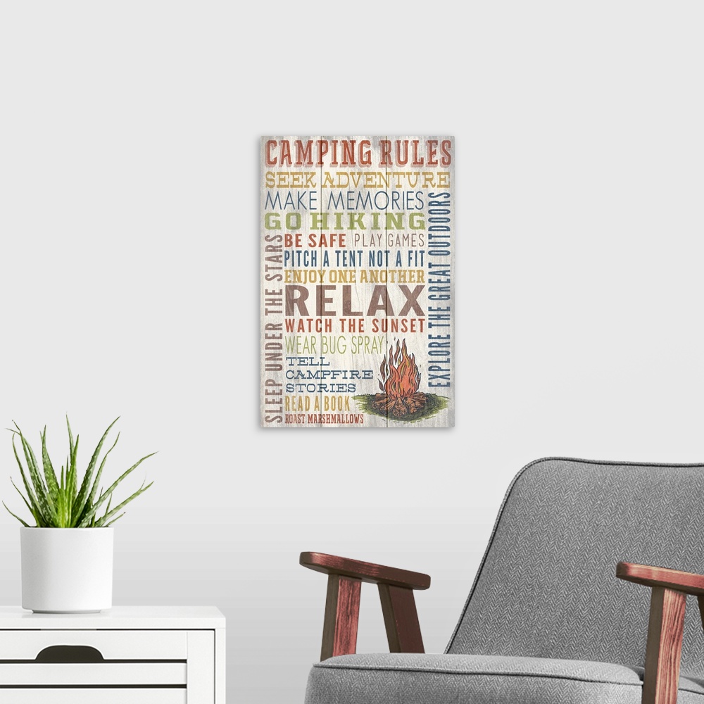 A modern room featuring Camping Rules Typography