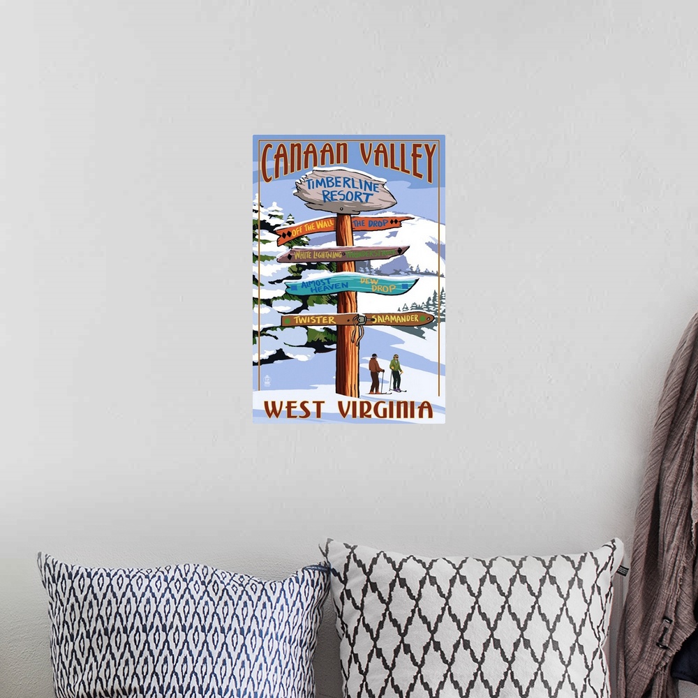 A bohemian room featuring Retro stylized art poster of signpost giving different directions.