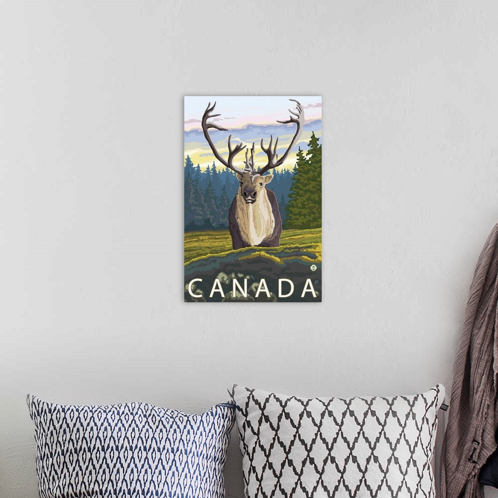 A bohemian room featuring Canada - Caribou (Front): Retro Travel Poster