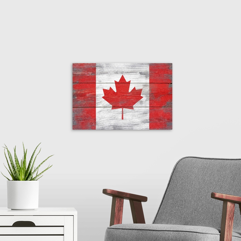 A modern room featuring The flag of Canada with a weathered wooden board effect.