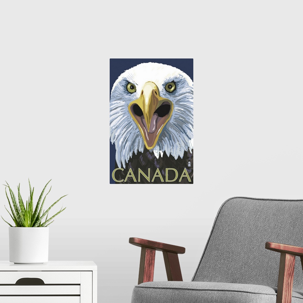 A modern room featuring Canada - Eagle Face: Retro Travel Poster