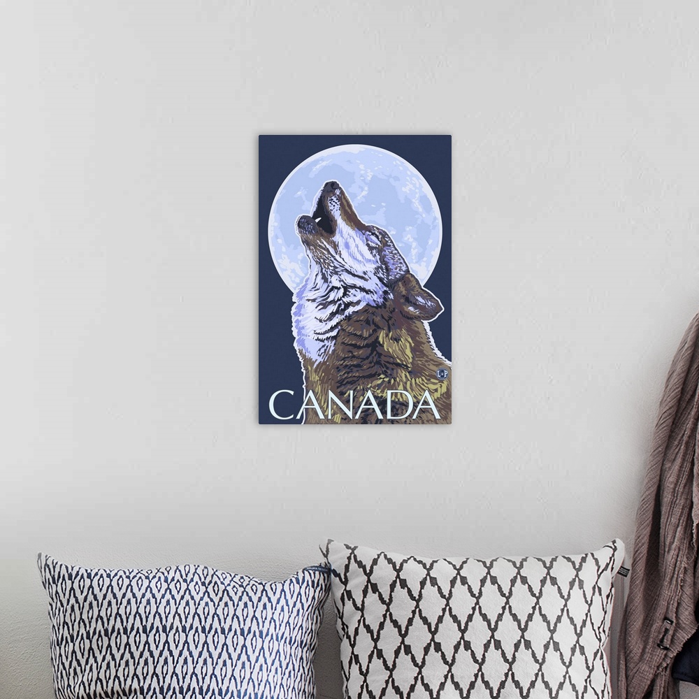 A bohemian room featuring Canada - Howling Wolf: Retro Travel Poster