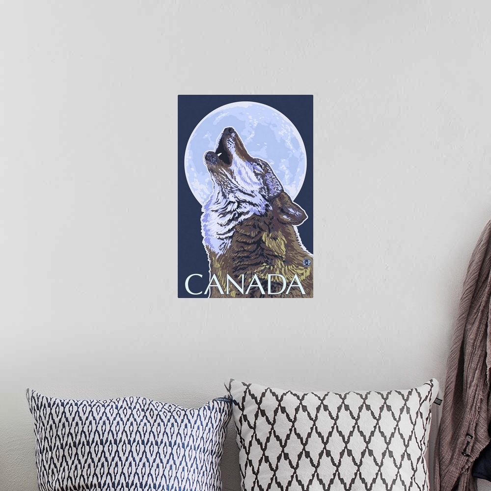 A bohemian room featuring Canada - Howling Wolf: Retro Travel Poster