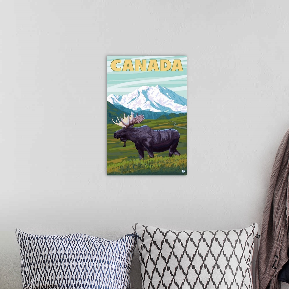 A bohemian room featuring Canada - Moose and Mountain: Retro Travel Poster