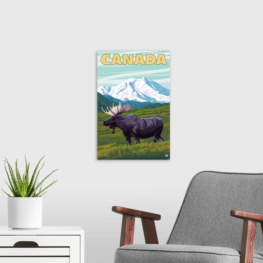 A modern room featuring Canada - Moose and Mountain: Retro Travel Poster