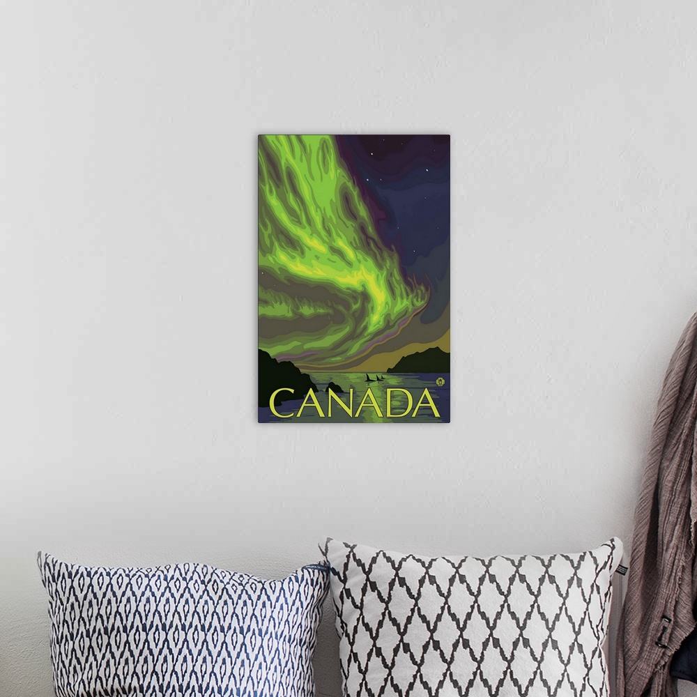 A bohemian room featuring Canada - Northern Lights and Orca: Retro Travel Poster