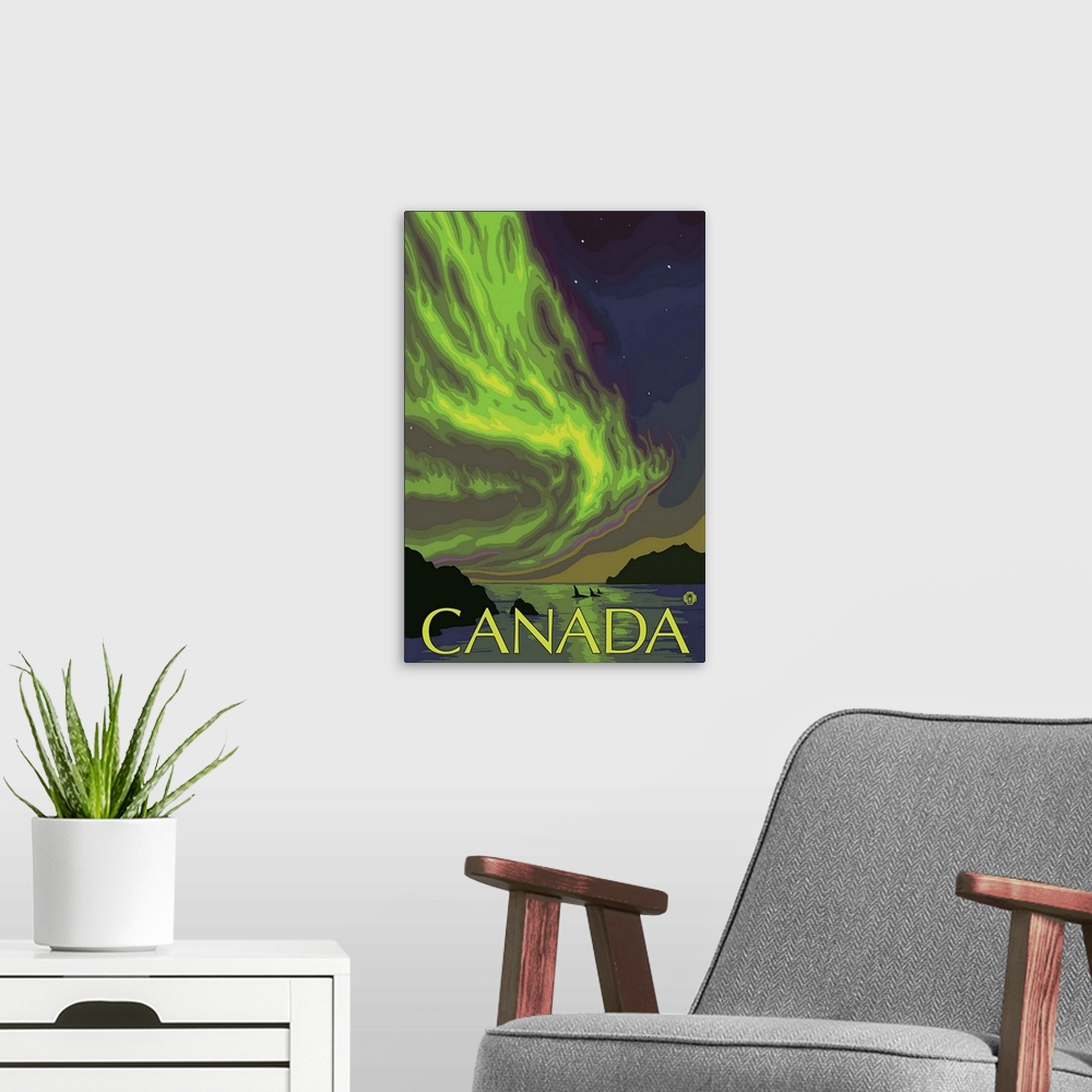 A modern room featuring Canada - Northern Lights and Orca: Retro Travel Poster