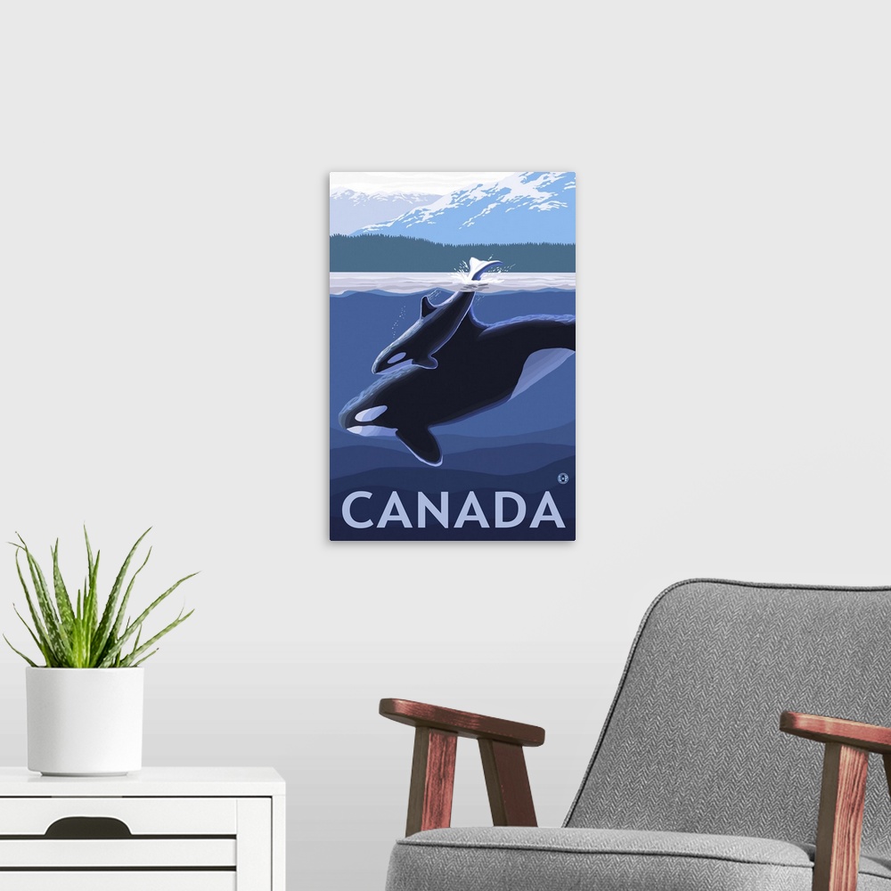 A modern room featuring Canada - Orca and Calf: Retro Travel Poster