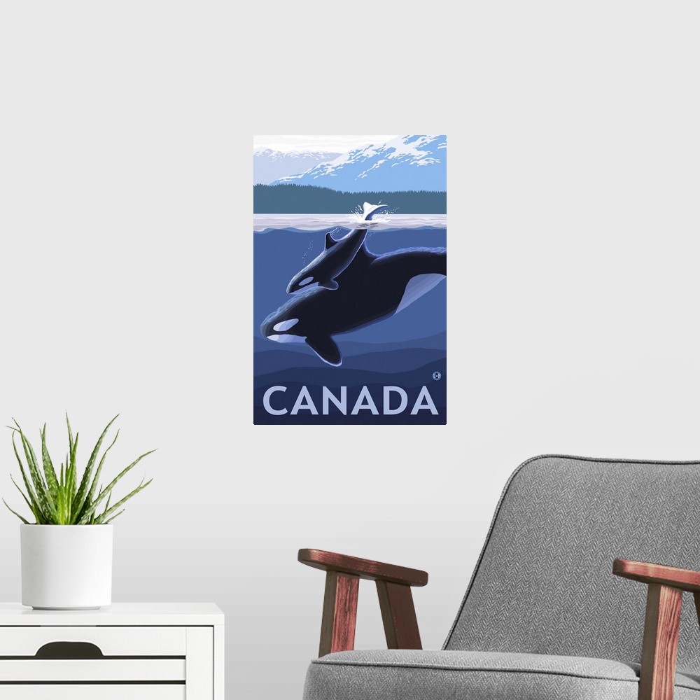 A modern room featuring Canada - Orca and Calf: Retro Travel Poster