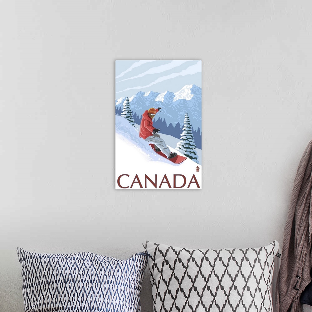 A bohemian room featuring Canada - Snowboarder: Retro Travel Poster