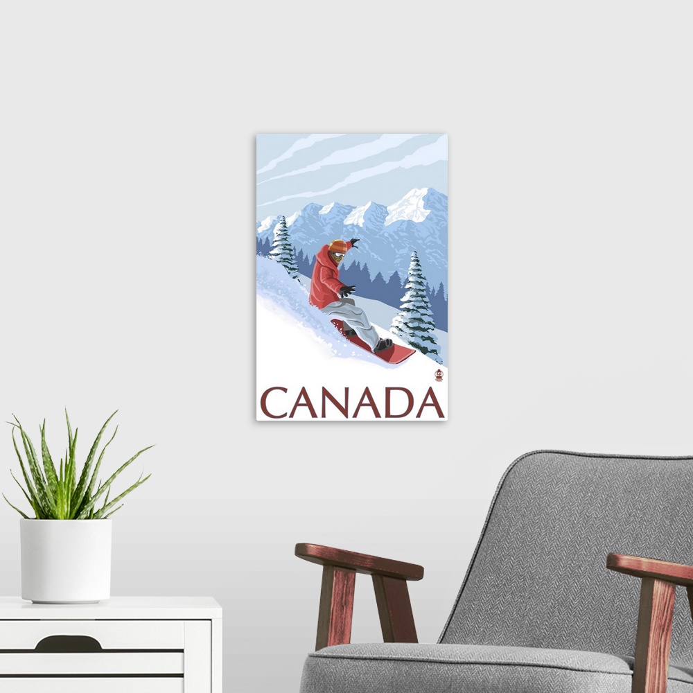 A modern room featuring Canada - Snowboarder: Retro Travel Poster