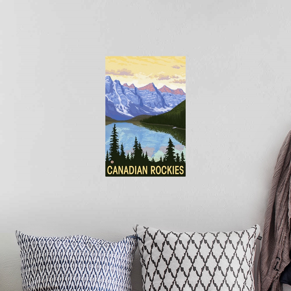 A bohemian room featuring Canadian Rockies: Retro Travel Poster