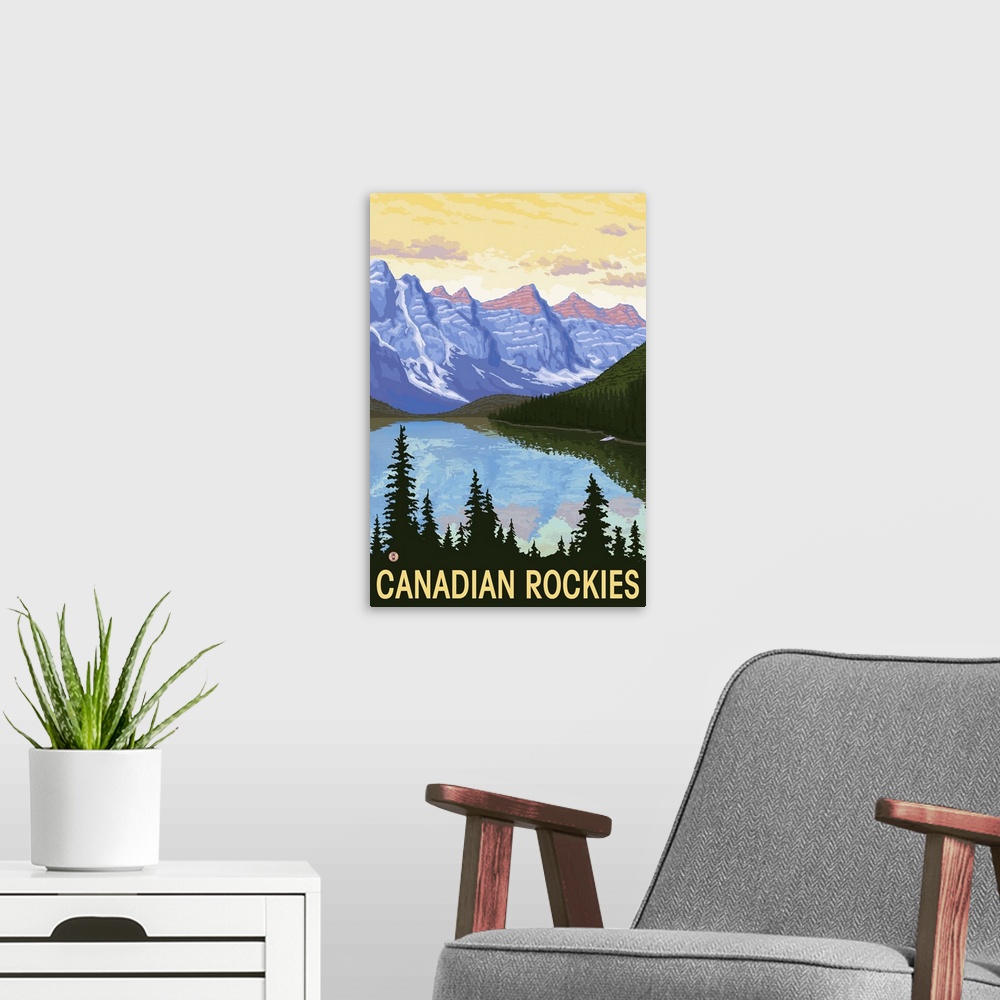 A modern room featuring Canadian Rockies: Retro Travel Poster