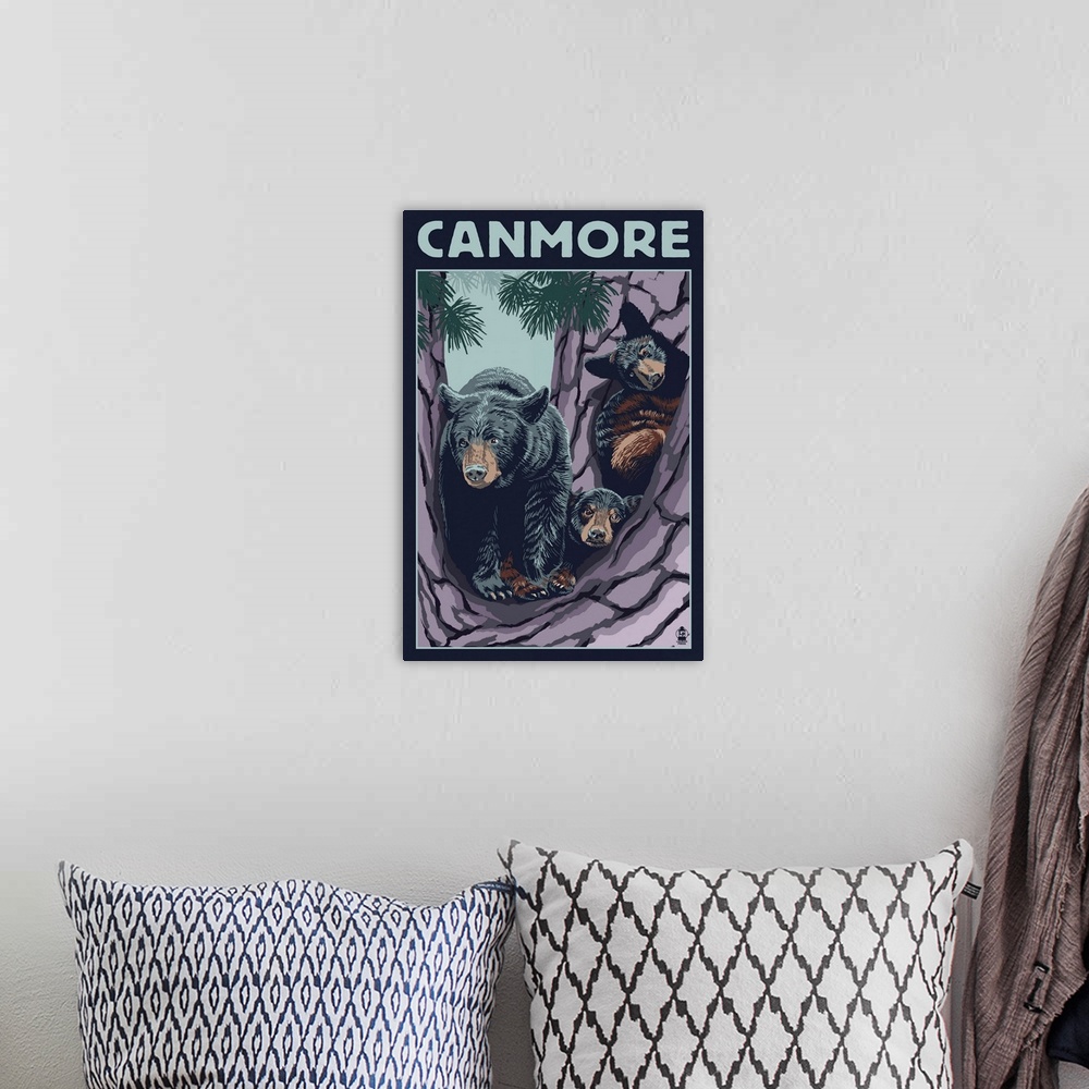 A bohemian room featuring Retro stylized art poster of a black bear mother with her two cubs in a tree.
