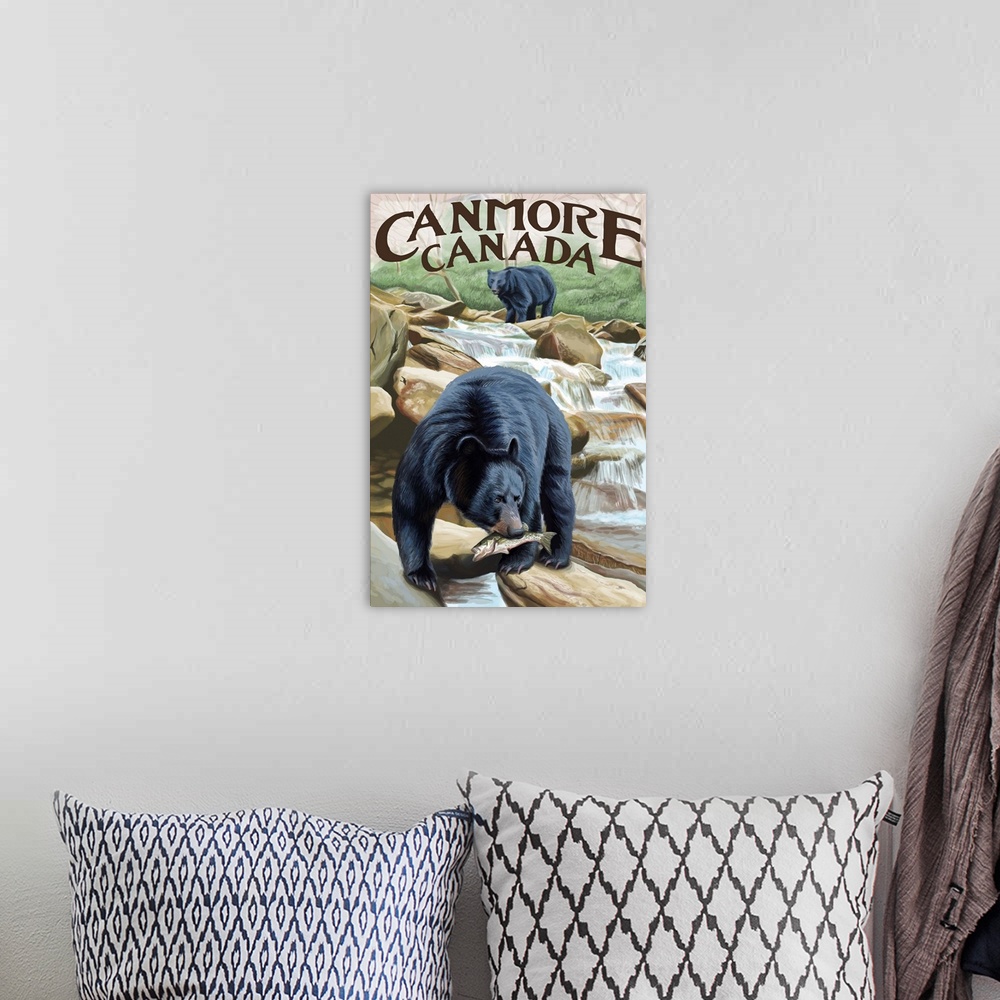 A bohemian room featuring Retro stylized art poster of a black bear catching fish from a stream in the wild.