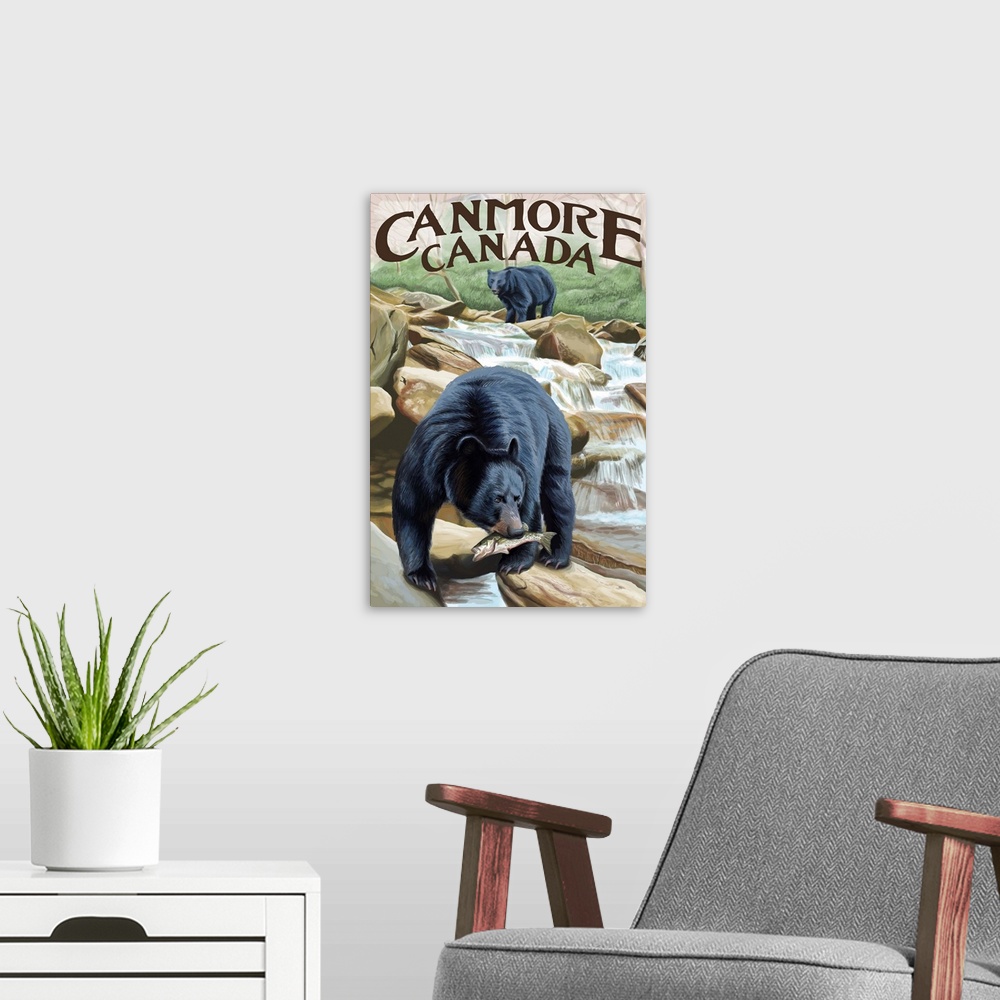 A modern room featuring Retro stylized art poster of a black bear catching fish from a stream in the wild.