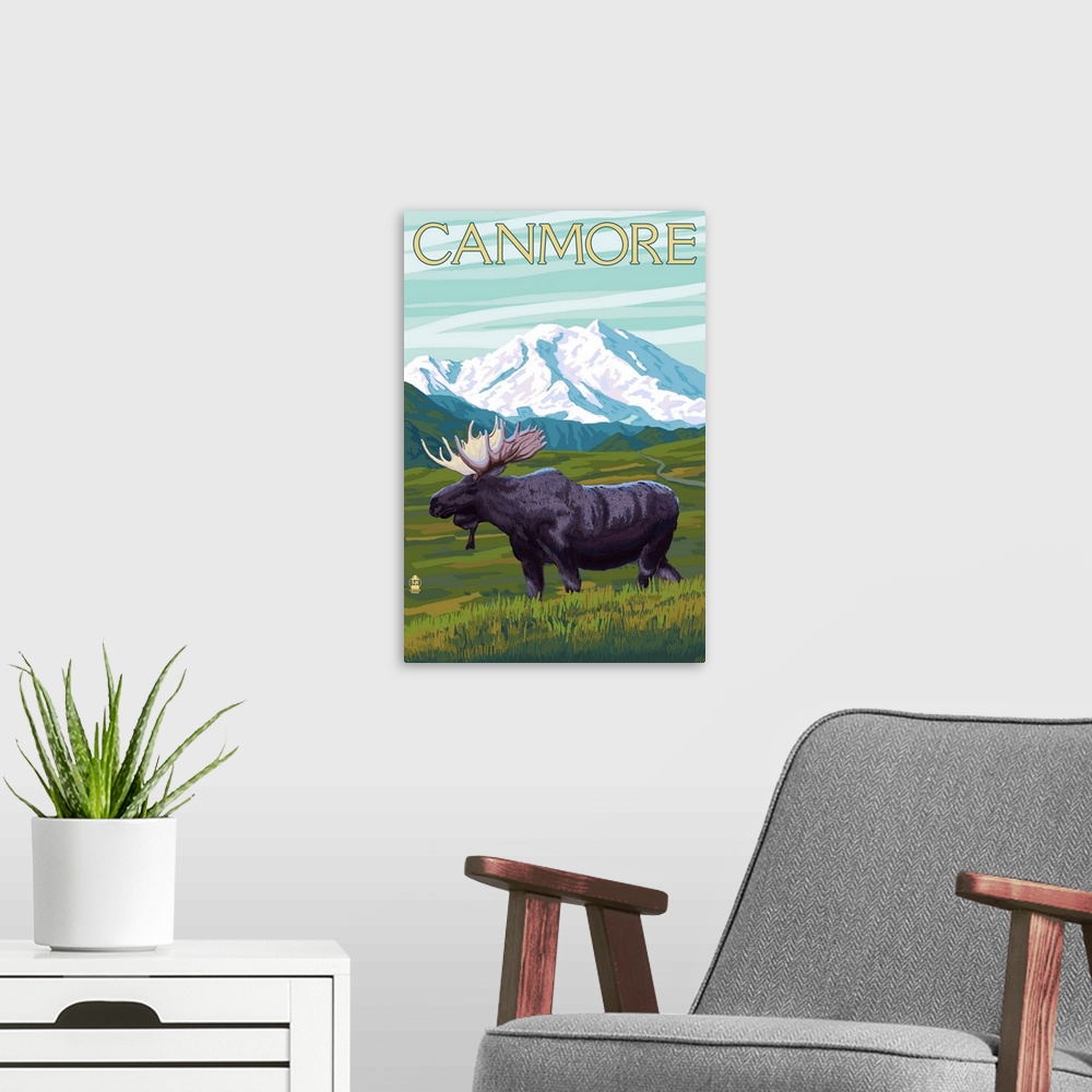 A modern room featuring Retro stylized art poster of a moose in the wilderness. With large snow covered mountains in the ...