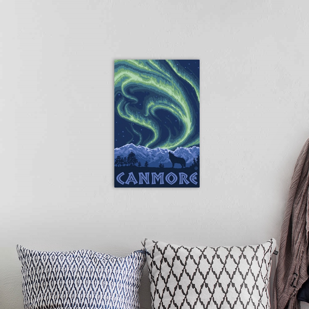 A bohemian room featuring Canmore, Alberta, Canada - Northern Lights: Retro Travel Poster