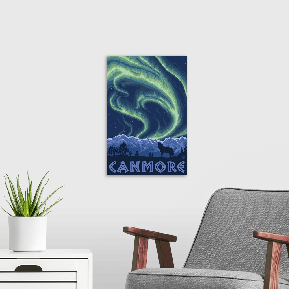 A modern room featuring Canmore, Alberta, Canada - Northern Lights: Retro Travel Poster