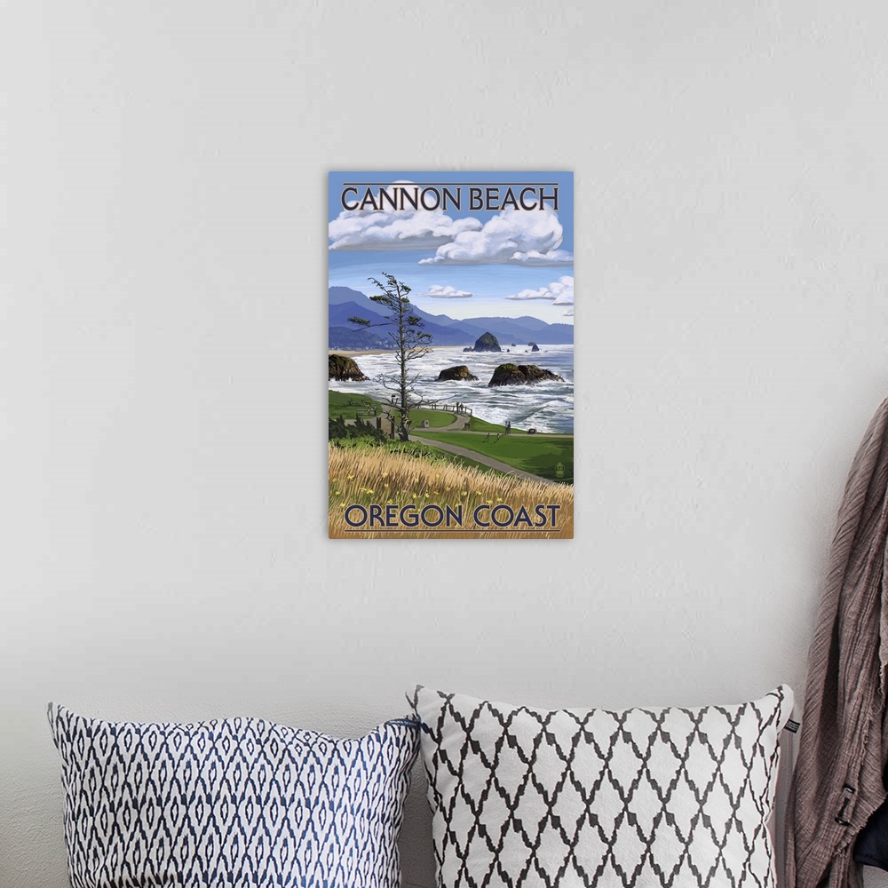 A bohemian room featuring A tretro stylized art poster of a landscape scene of the shore of a this northwest beach.