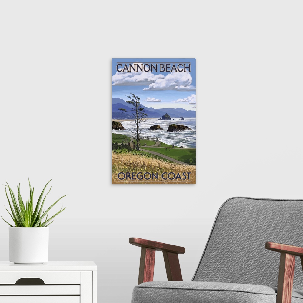 A modern room featuring A tretro stylized art poster of a landscape scene of the shore of a this northwest beach.
