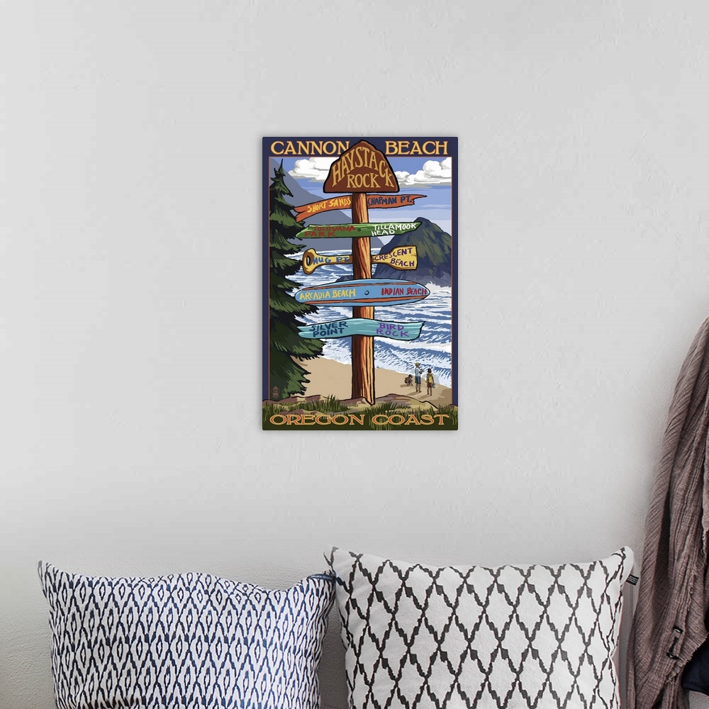 A bohemian room featuring Cannon Beach, Oregon Destinations Sign: Retro Travel Poster