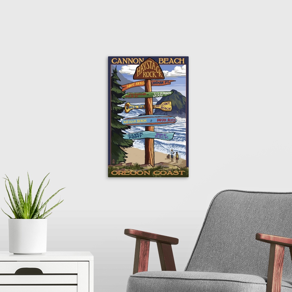 A modern room featuring Cannon Beach, Oregon Destinations Sign: Retro Travel Poster