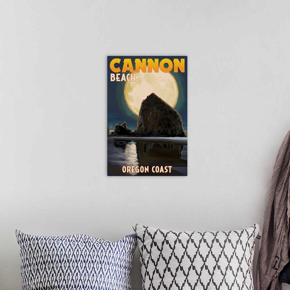 A bohemian room featuring Cannon Beach, Oregon - Haystack Rock and Full Moon: Retro Travel Poster