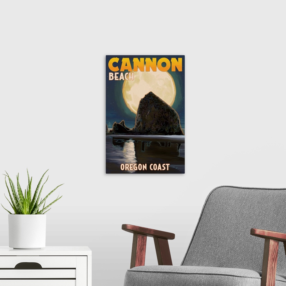 A modern room featuring Cannon Beach, Oregon - Haystack Rock and Full Moon: Retro Travel Poster
