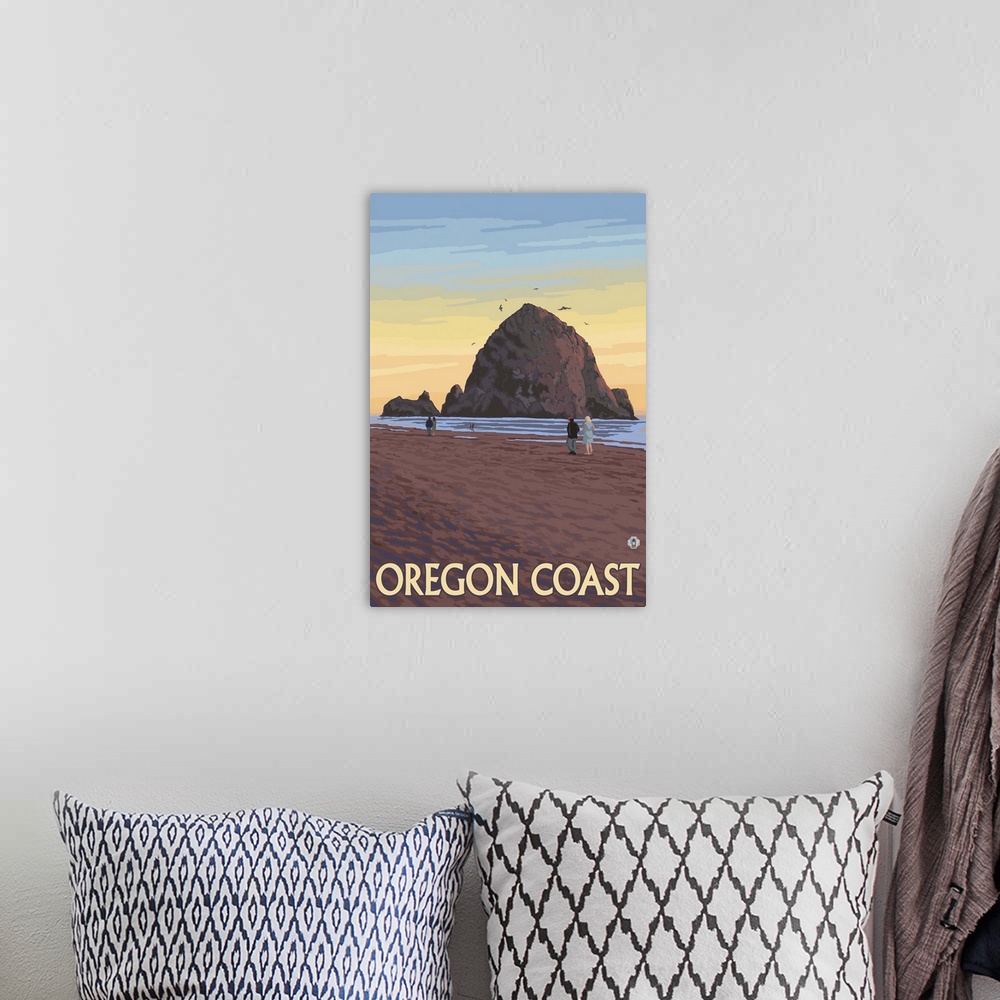 A bohemian room featuring Cannon Beach, Oregon - Haystack Rock: Retro Travel Poster
