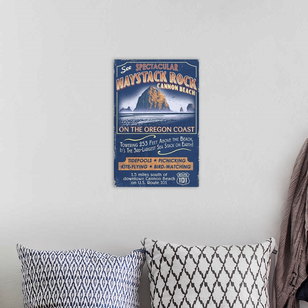 A bohemian room featuring Cannon Beach, Oregon - Haystack Rock Vintage Sign: Retro Travel Poster