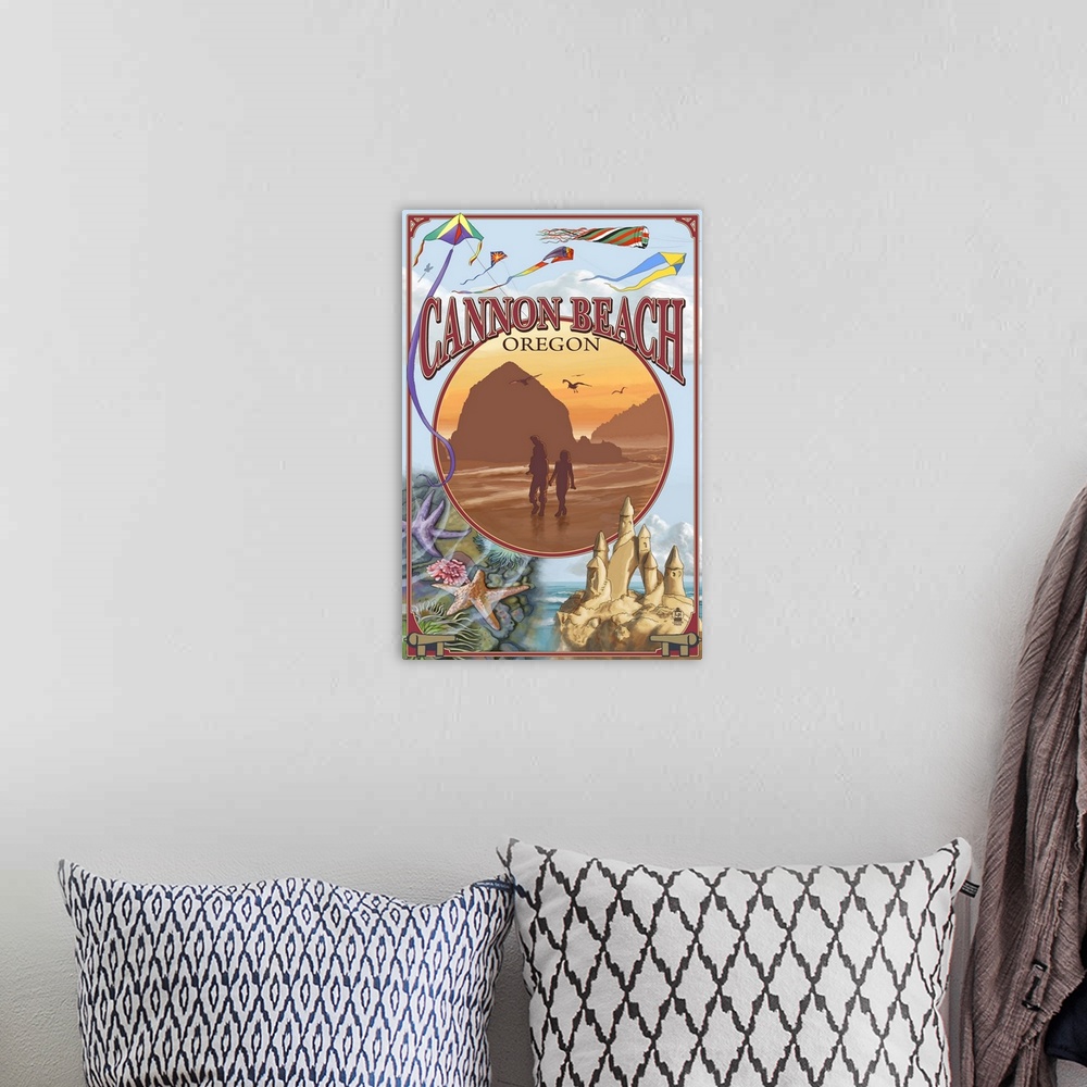 A bohemian room featuring Cannon Beach, Oregon Montage: Retro Travel Poster