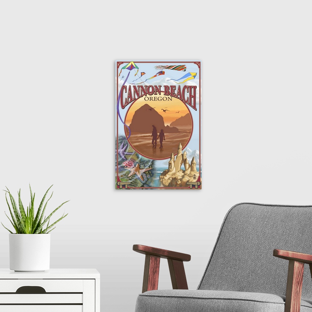 A modern room featuring Cannon Beach, Oregon Montage: Retro Travel Poster