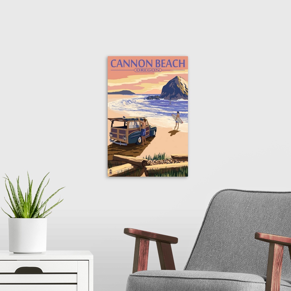 A modern room featuring Cannon Beach, Oregon - Woody and Haystack Rock: Retro Travel Poster