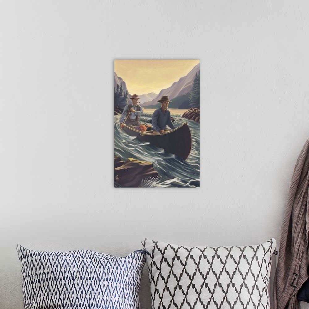 A bohemian room featuring Canoe on River: Retro Poster