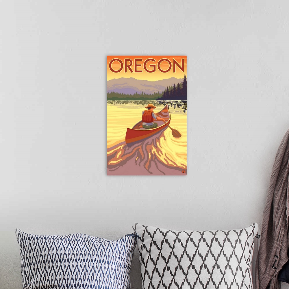 A bohemian room featuring Canoe Scene - Oregon: Retro Travel Poster