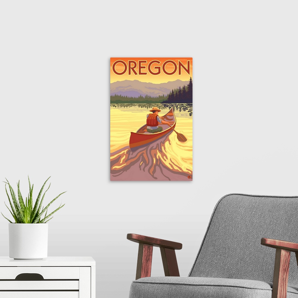 A modern room featuring Canoe Scene - Oregon: Retro Travel Poster