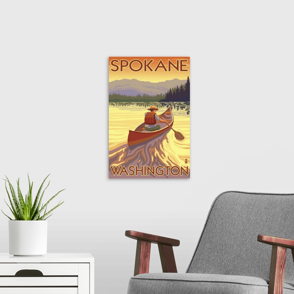 A modern room featuring Canoe Scene - Spokane, Washington: Retro Travel Poster