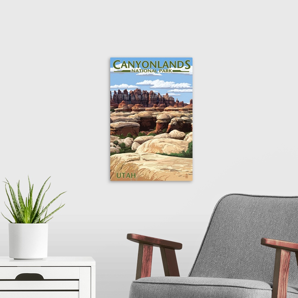A modern room featuring Canyonlands National Park, The Needles Rock Formation: Retro Travel Poster