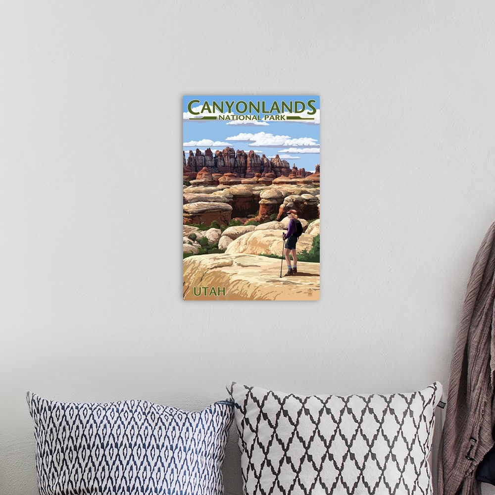 A bohemian room featuring Canyonlands National Park, Utah - Hiker Scene: Retro Travel Poster