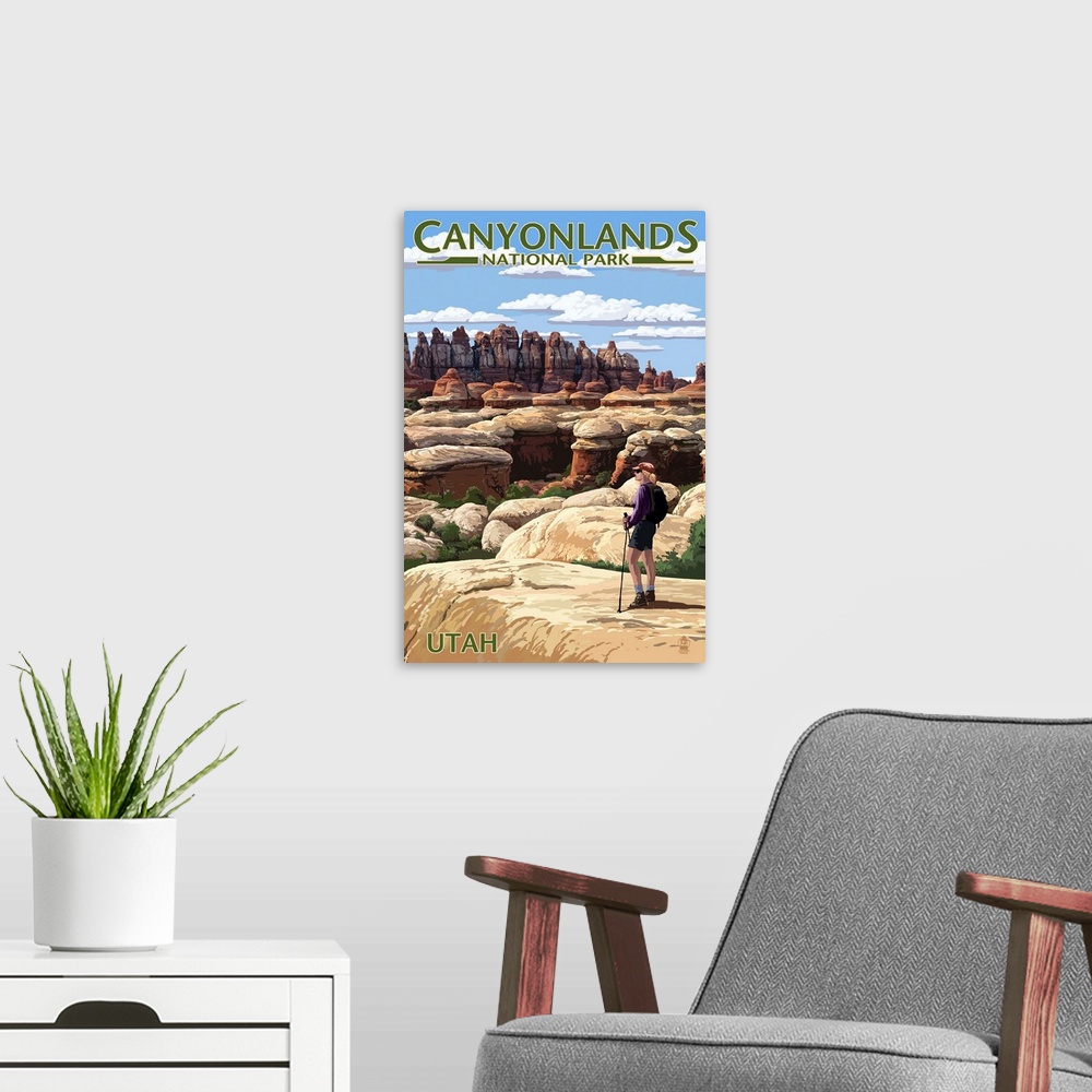 A modern room featuring Canyonlands National Park, Utah - Hiker Scene: Retro Travel Poster