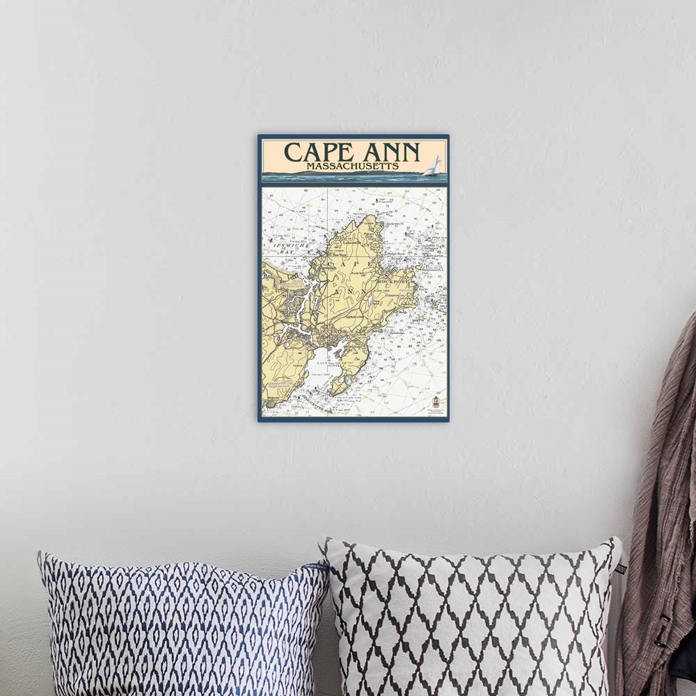 A bohemian room featuring Cape Ann, Massachusetts - Nautical Chart: Retro Travel Poster