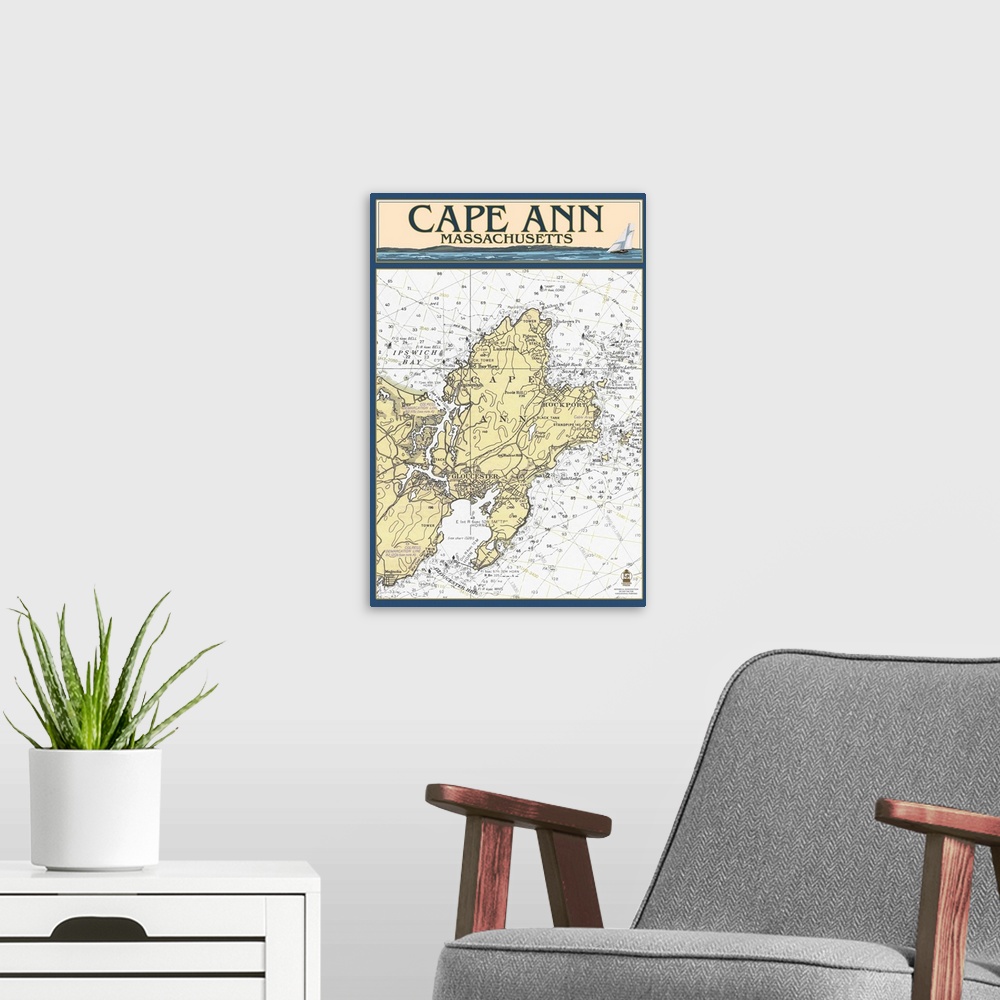 A modern room featuring Cape Ann, Massachusetts - Nautical Chart: Retro Travel Poster